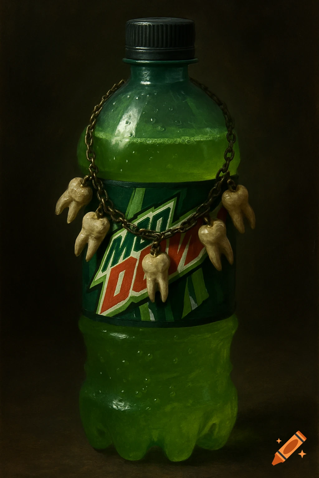 A Mountain Dew bottle with a necklace of teeth around it.