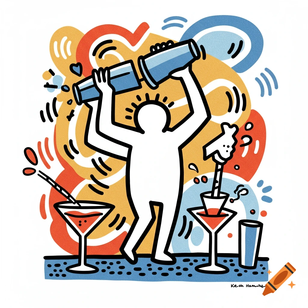 A Keith Haring-inspired graphic of a stylized person shaking a drink with cocktail glasses.