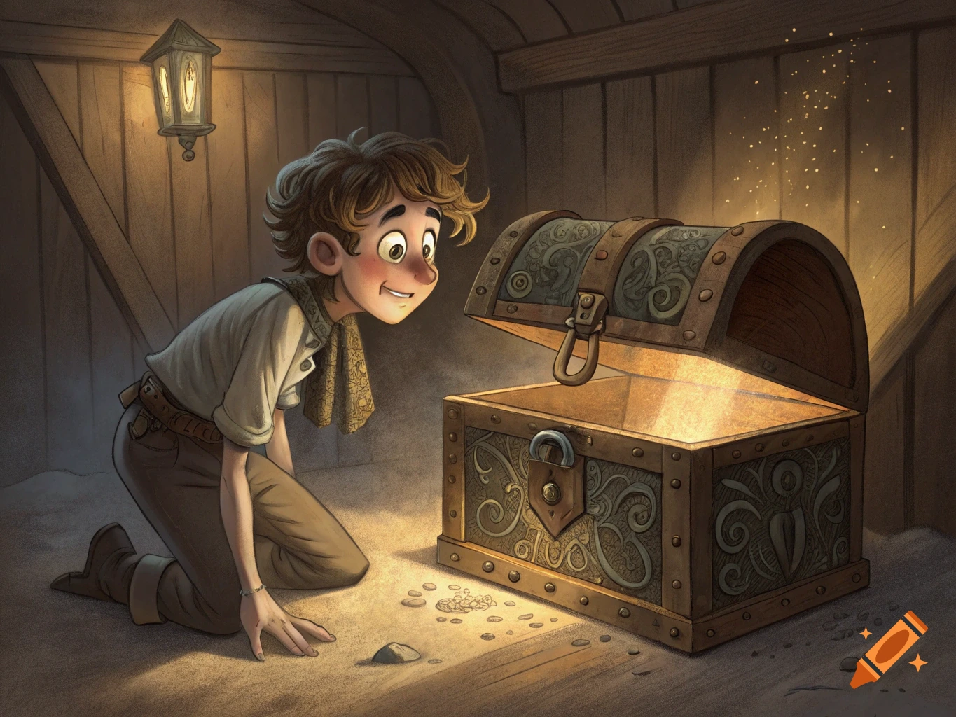 Cartoon illustration of a boy looking excitedly into an open, glowing treasure chest.