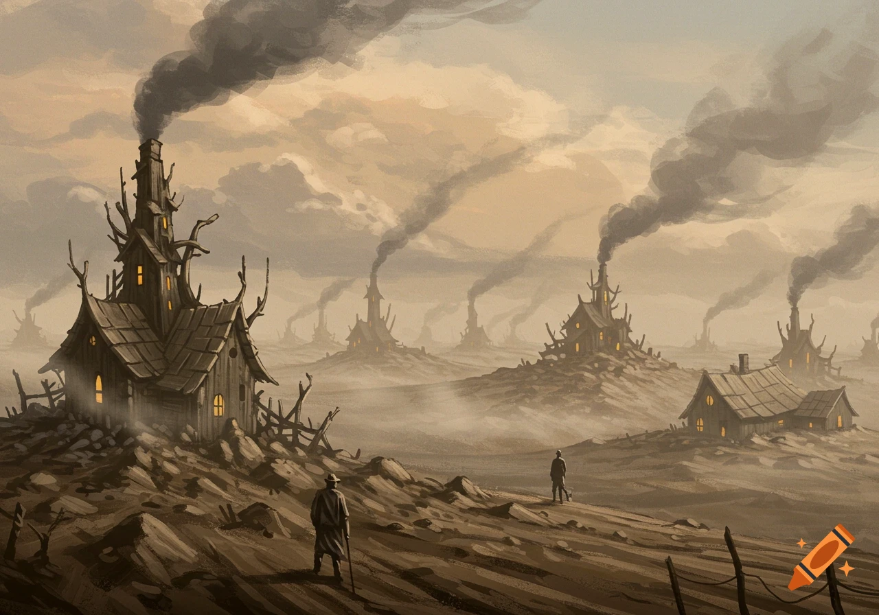 A desolate landscape with strange, industrial-like buildings emitting smoke, and two figures walking.