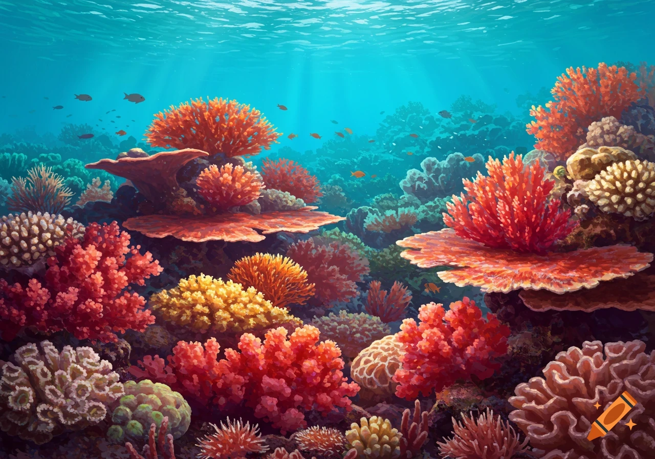 Vibrant image of a coral reef underwater with colorful coral and fish.