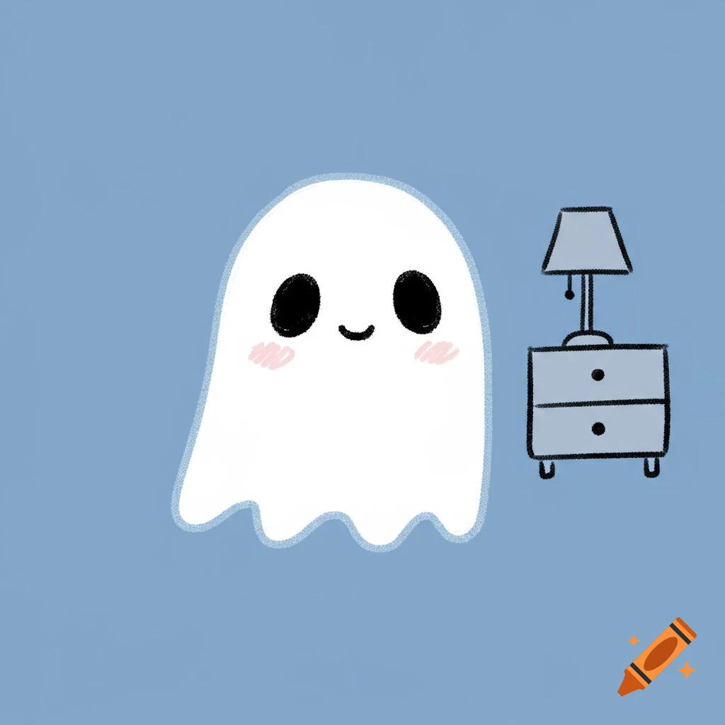 Cute scribbley illustration of a ghost next to a dresser and lamp on a blue background.