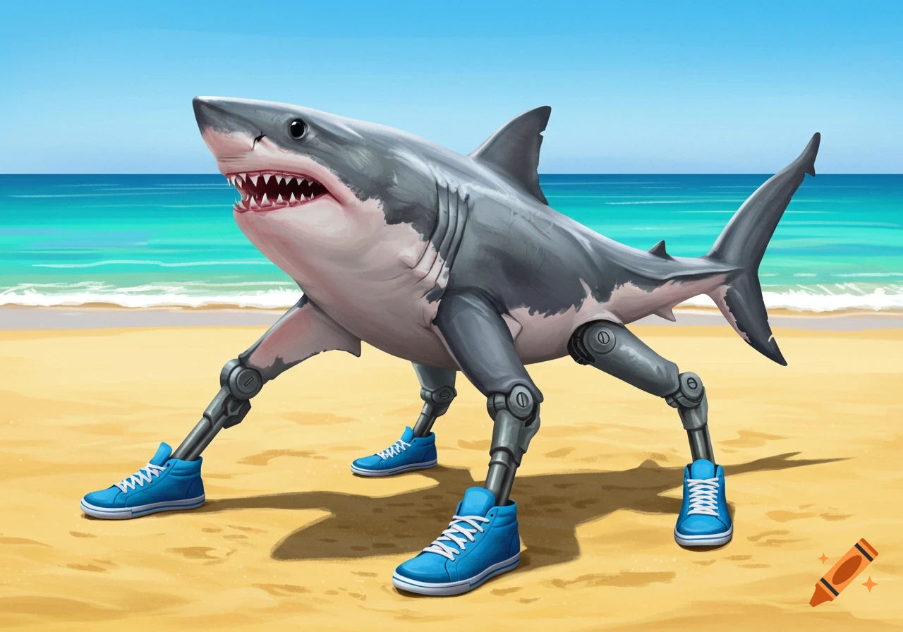 A shark with four mechanical legs wearing blue sneakers, standing on a beach.