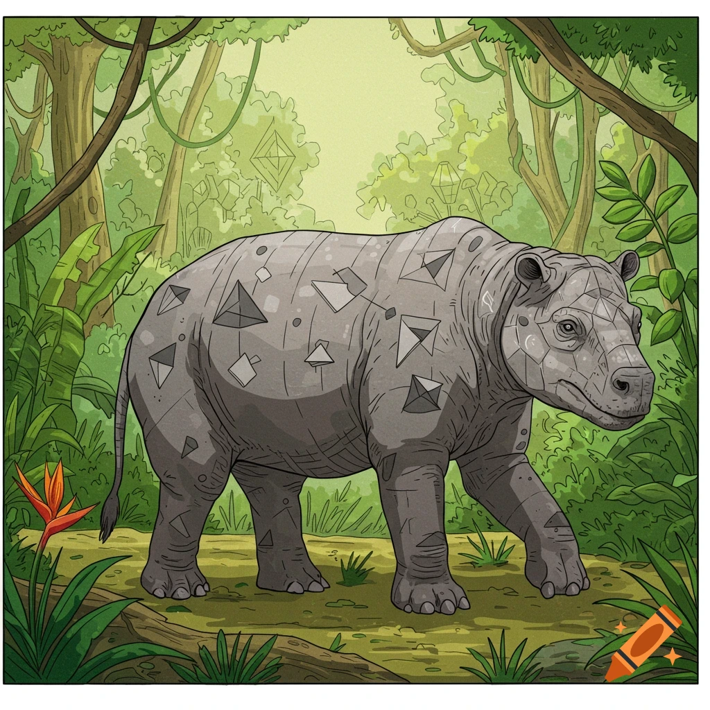 A 2D illustration of a rhinoceros covered in geometric patterns walking through a jungle.