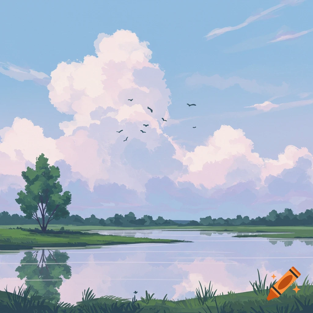 A peaceful lakeside landscape with a tree, reflecting clouds, birds, and grassy shore.