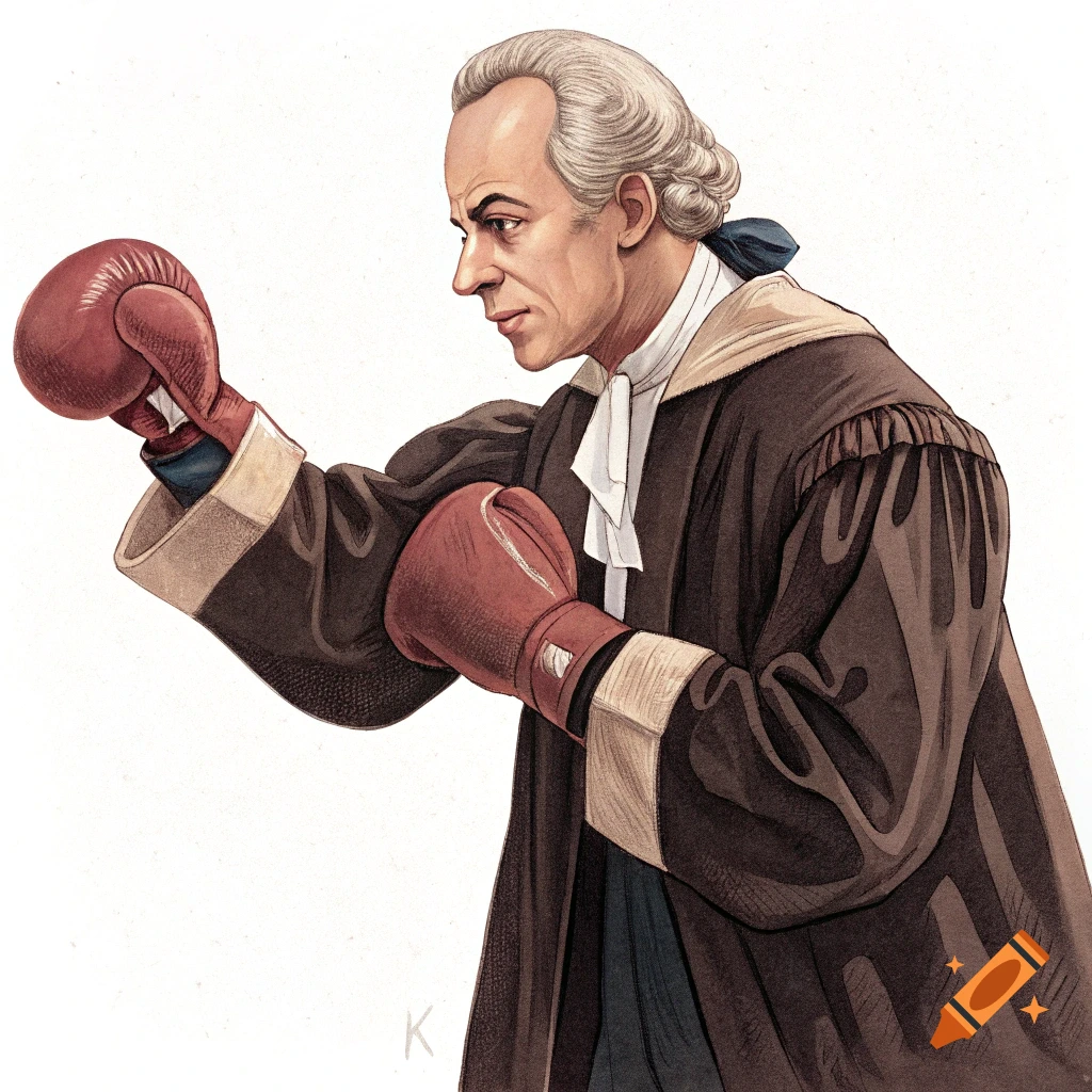 Illustration of a man resembling Immanuel Kant in a judicial robe and boxing gloves, posing as if fighting.