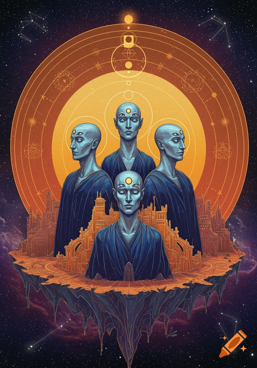 Four figures with multiple eyes floating above a city in space with a large glowing circle behind them.