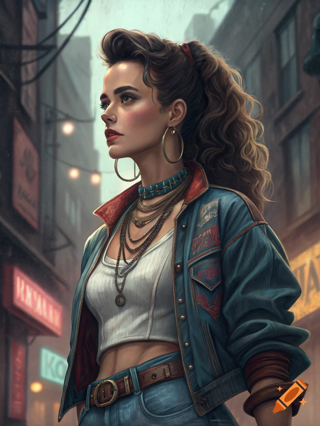 Detailed image of a woman in 90s fashion in an urban setting.
