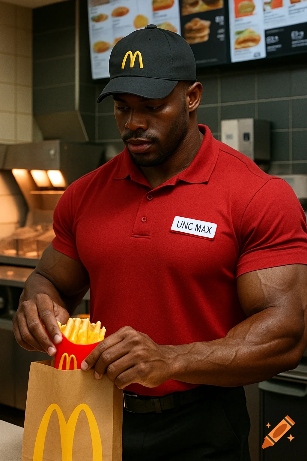 Muscular man in McDonald's uniform putting fries into a bag.
