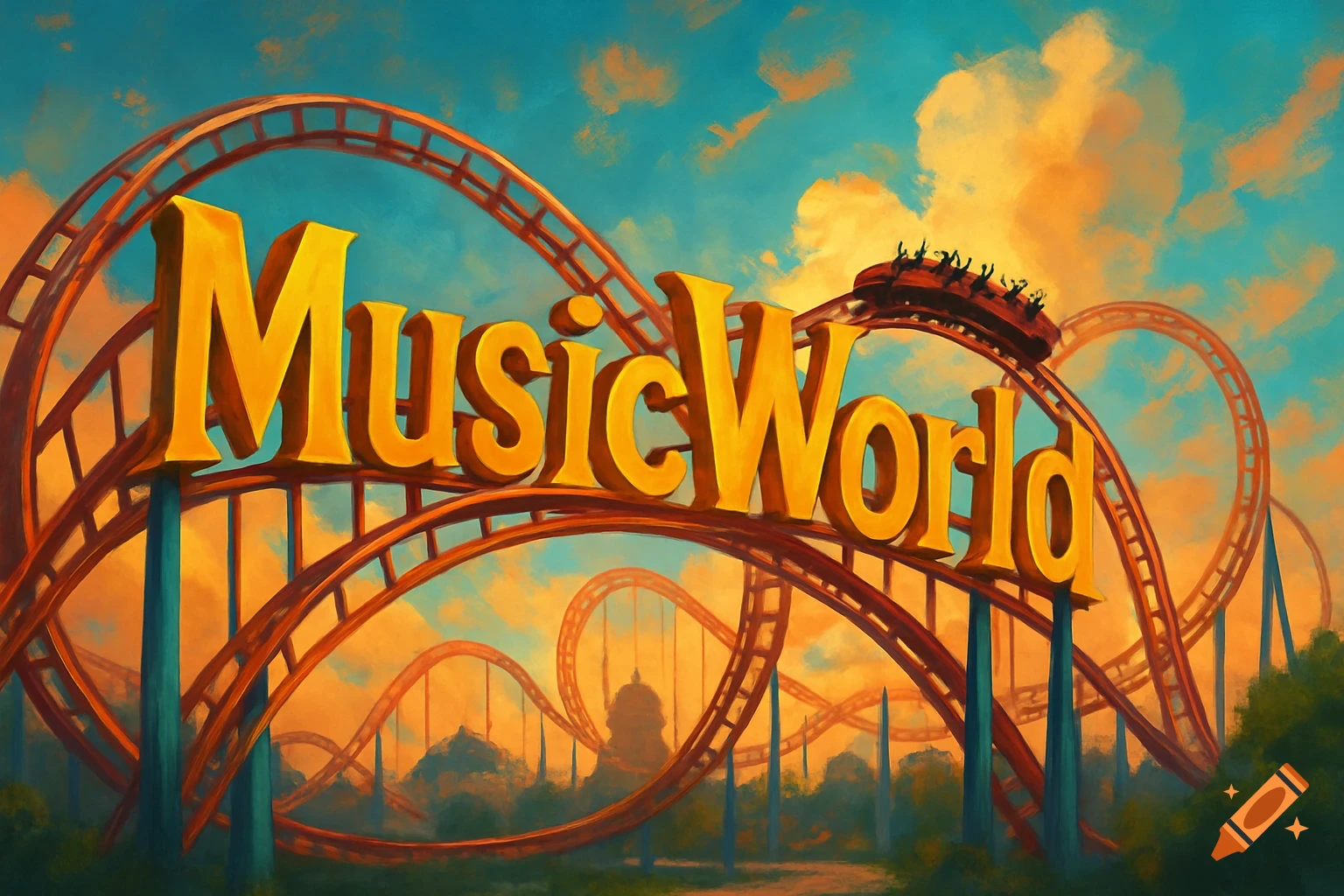 A roller coaster forms the text 'MusicWorld' against a sunset sky.