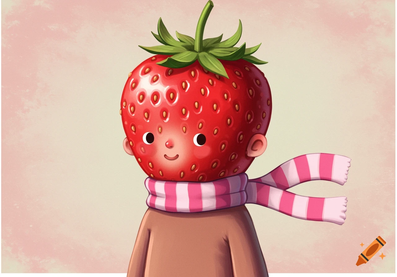 A character with a strawberry head is wearing a pink and white striped scarf.