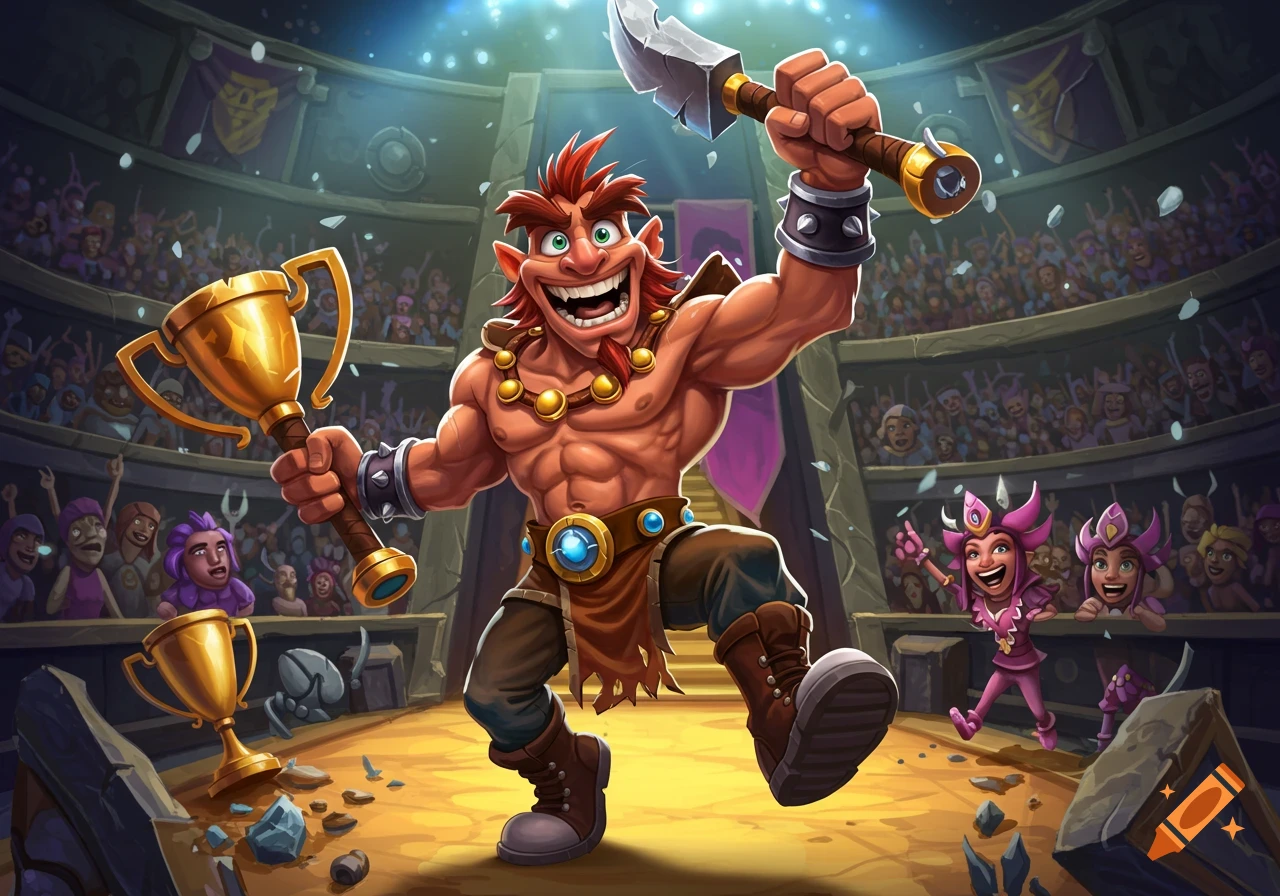 A muscular cartoon character in an arena holds two golden trophies above a cheering crowd.