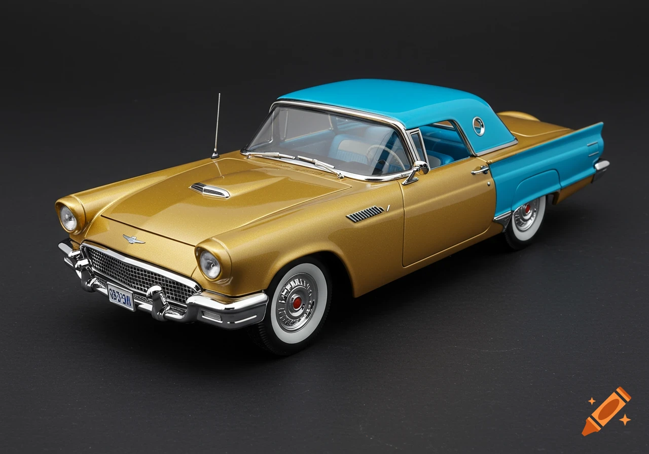 A gold and blue 1957 Ford Thunderbird model kit.