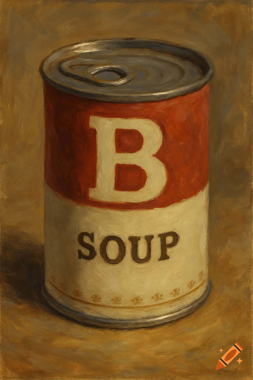 A soup can with a large B and the word SOUP on the label.