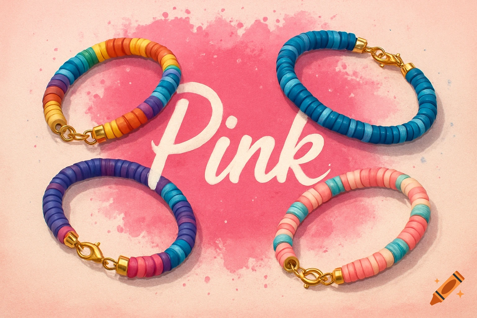 Four clay bead bracelets arranged around the word 'Pink' on a pink background.