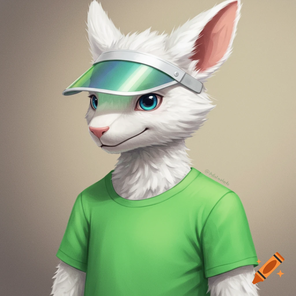 A white furry anthropomorphic animal wearing a green t-shirt and a green visor.