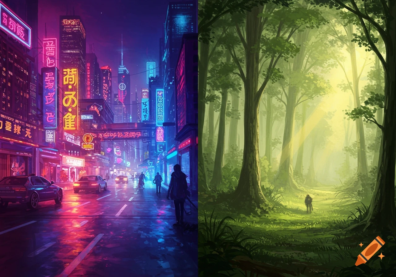 Split image showing a neon cyberpunk city street and a sunlit forest path