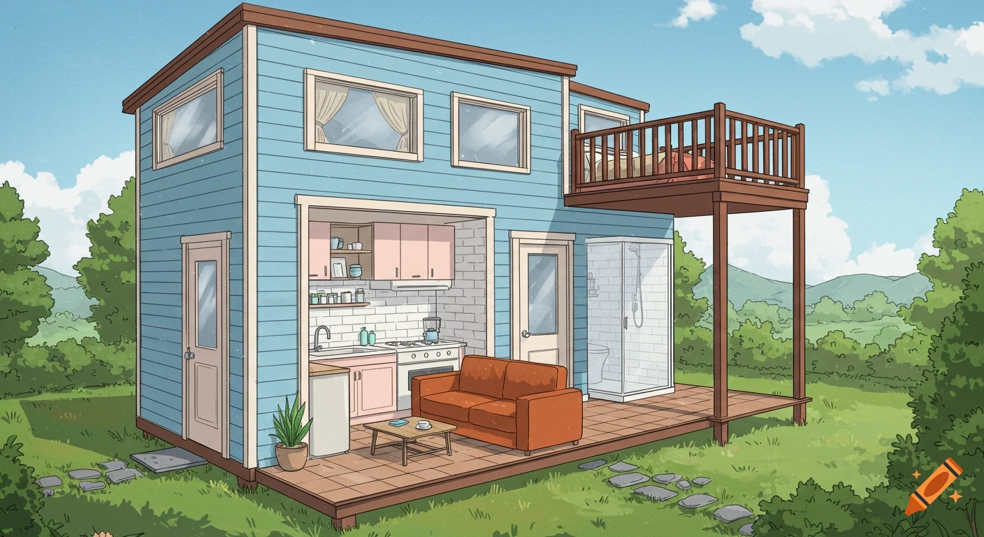 An illustration of a tiny blue house with a large deck, kitchen, lounge area, shower, and balcony in a grassy yard.