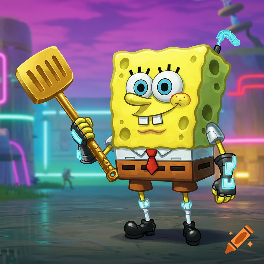 Fortnite-style Spongebob holding a golden spatula in a neon futuristic city.