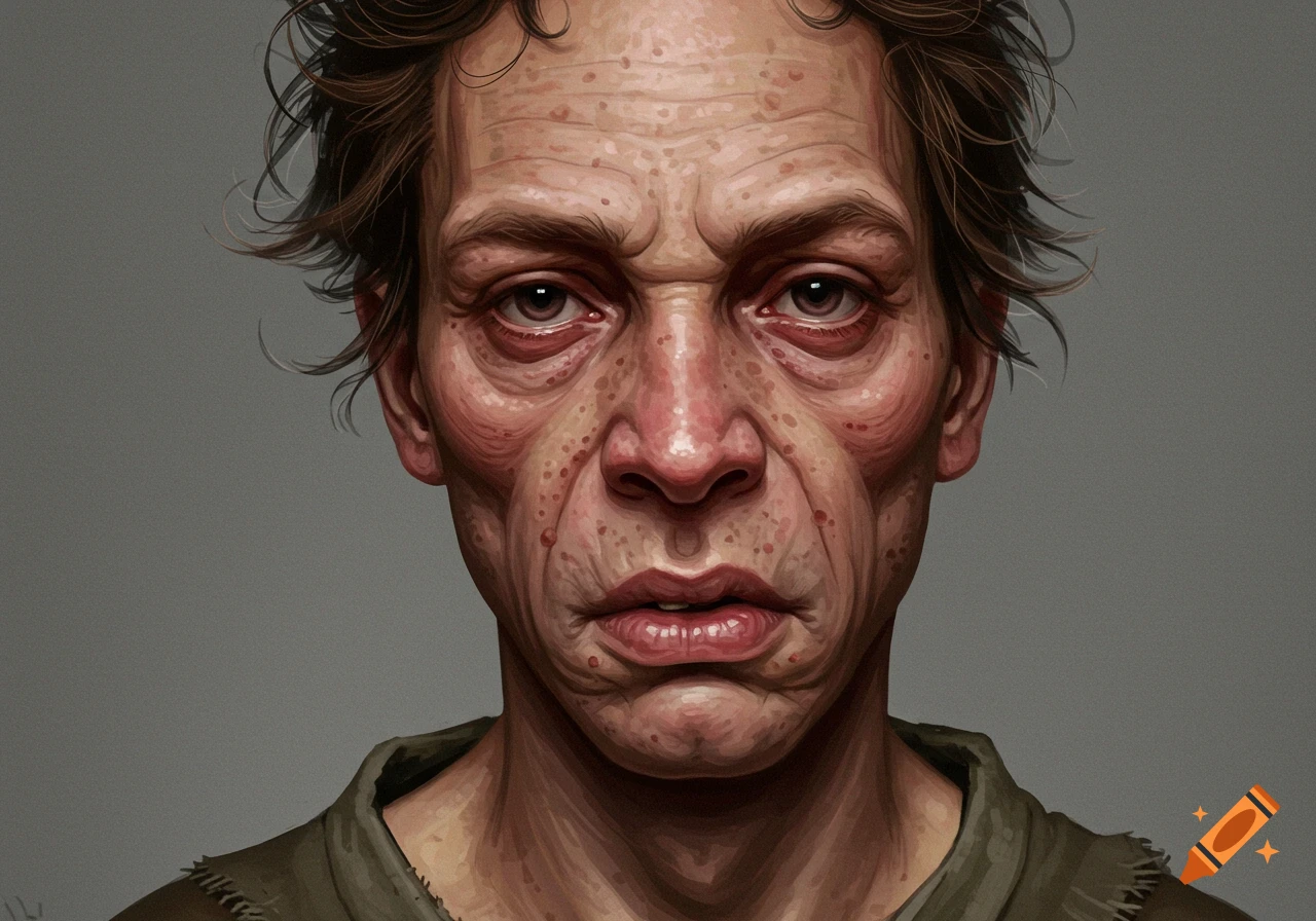 Detailed close-up portrait of a person with wrinkled, uneven skin and messy hair.