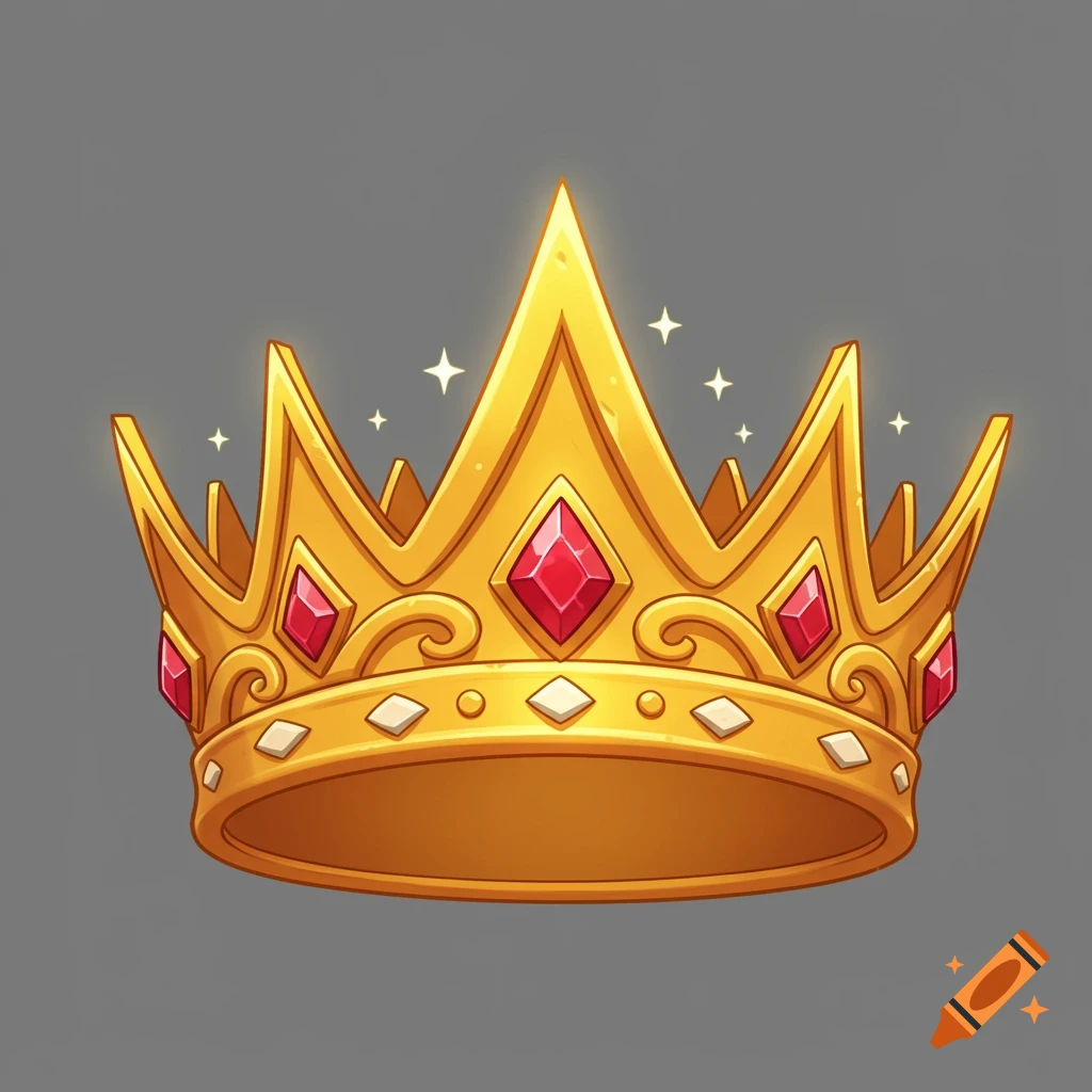 An animated golden crown with red jewels and sparkles.