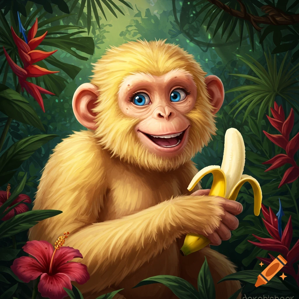 A yellow monkey is holding a peeled banana in a lush green jungle. The monkey is smiling.