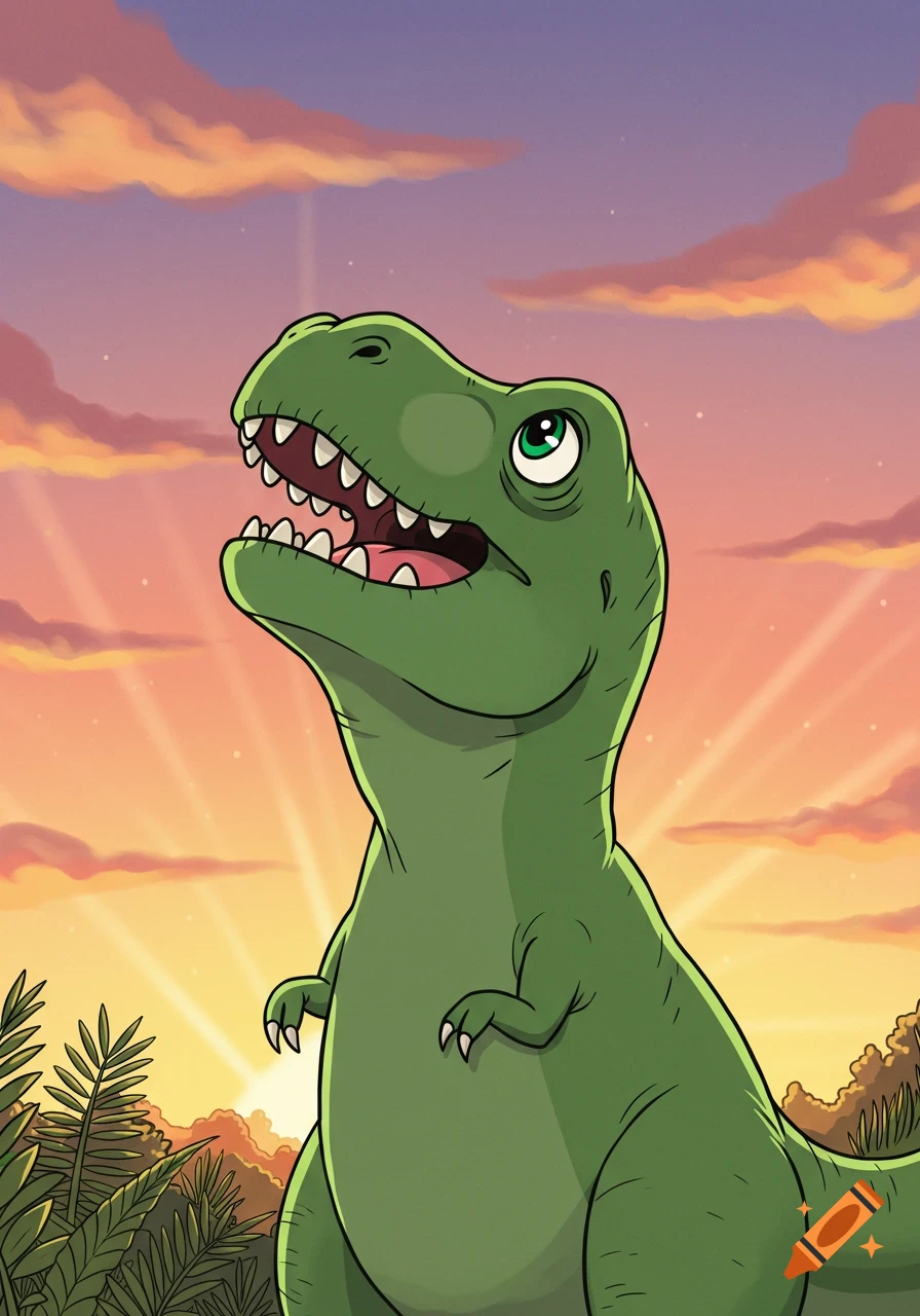 A happy cartoon T-Rex looks up at a sunrise.