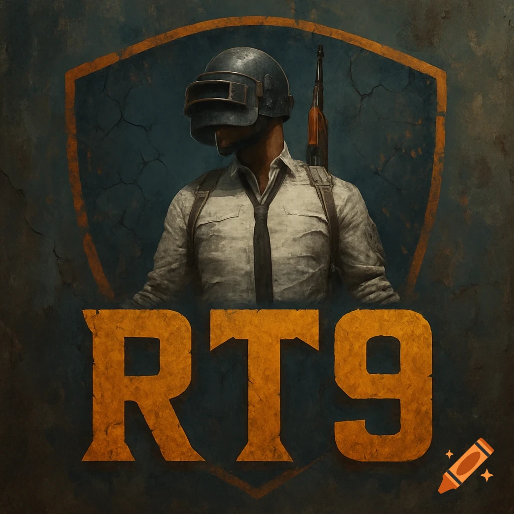 A person in PUBG gear and helmet, with the text RT9 below, on a shield background.