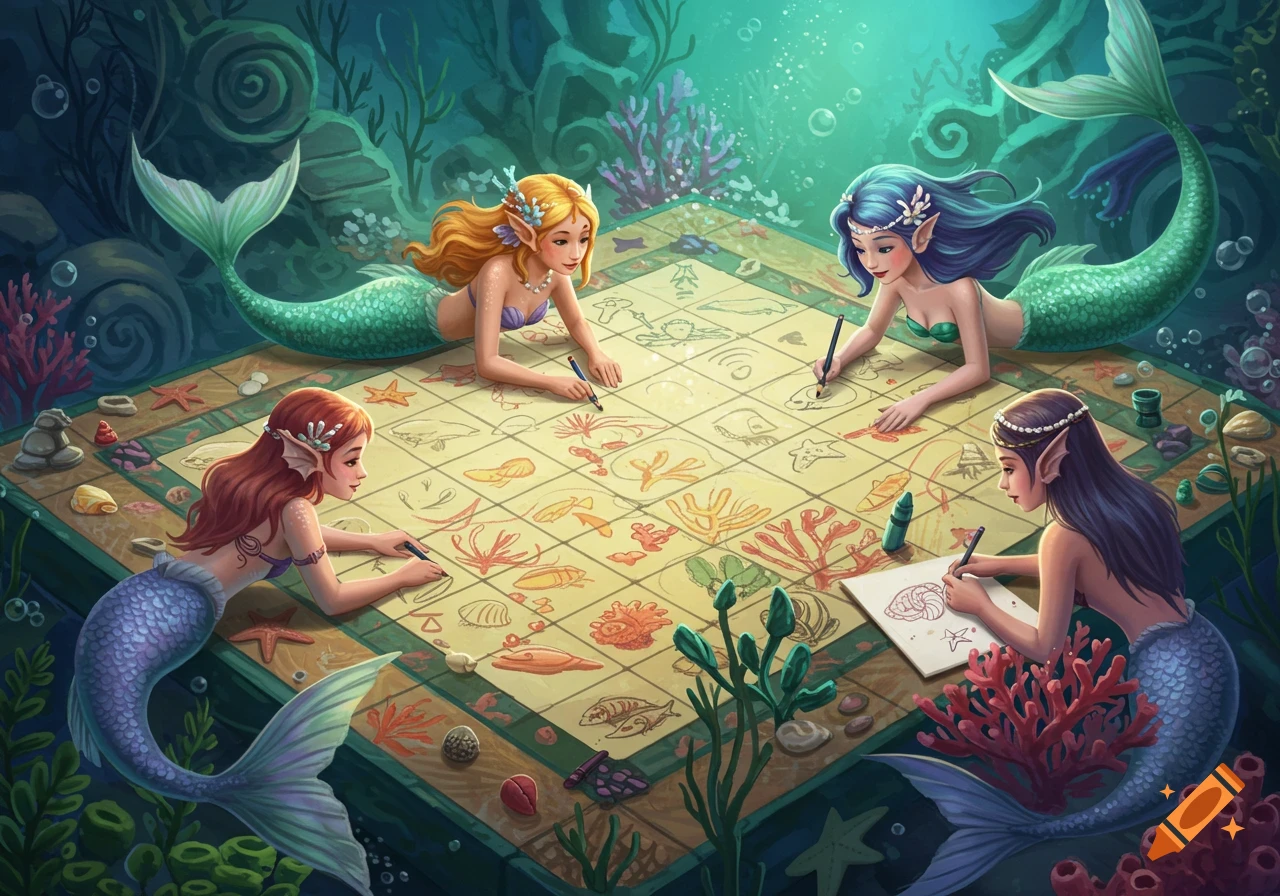 Four mermaids sitting underwater around a large board, drawing pictures on it.