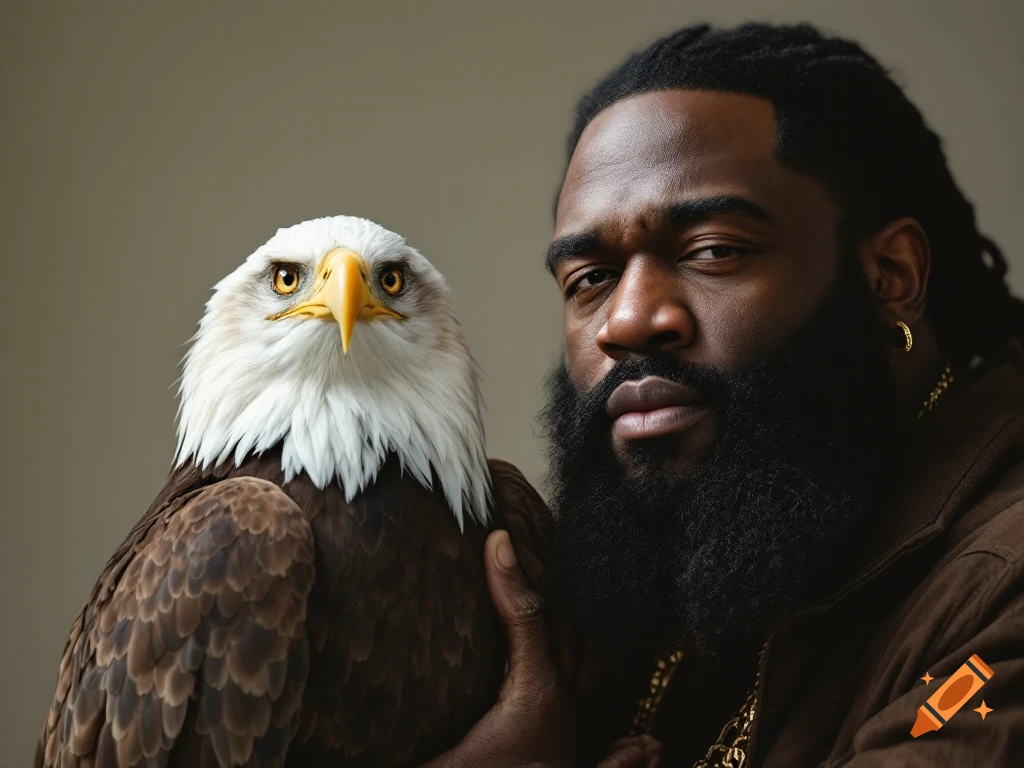 A man with a beard holds a bald eagle in a portrait.