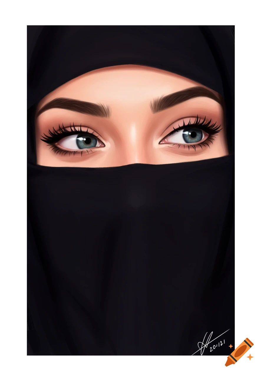 A woman's blue eyes looking playfully cross-eyed over a black niqab.