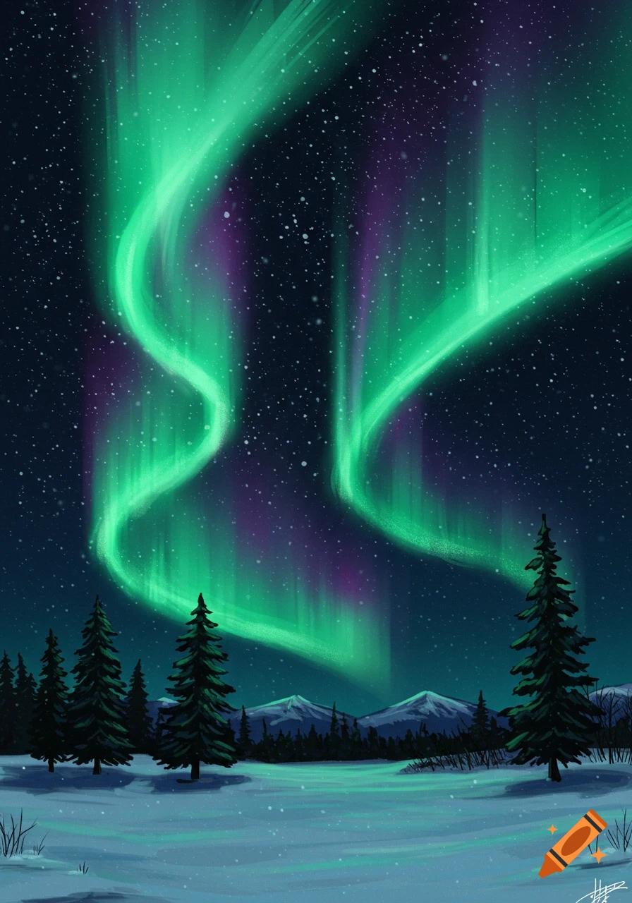 Green and purple northern lights over a snowy forest landscape.