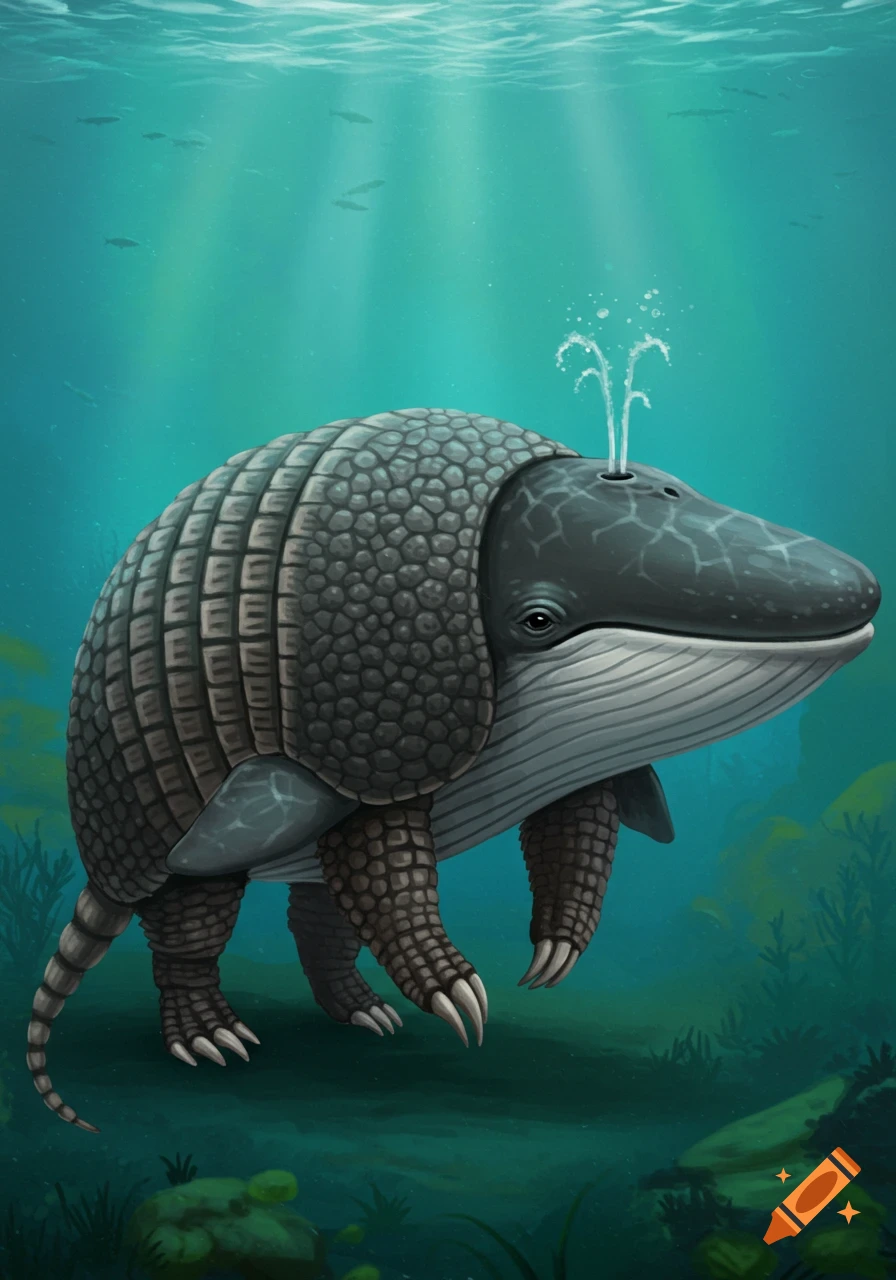 An armadillo-whale hybrid underwater, spouting water from its blowhole.
