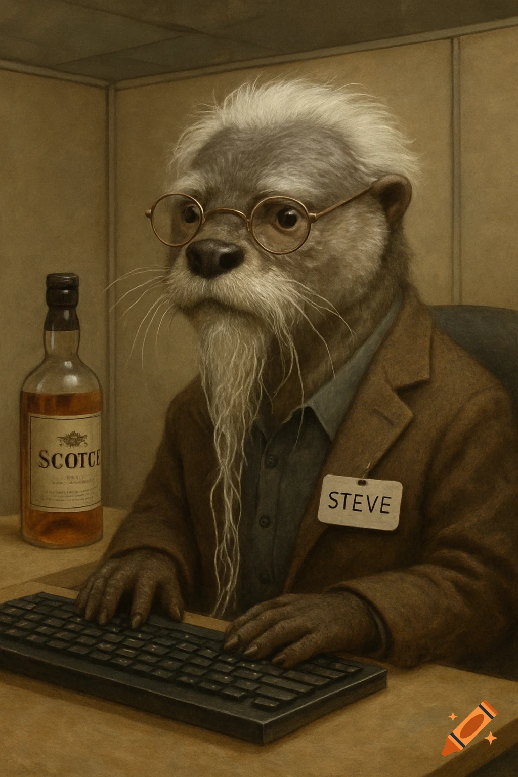 Anthropomorphic otter in glasses and suit sitting at a desk in an office cubicle with a keyboard and bottle of scotch.