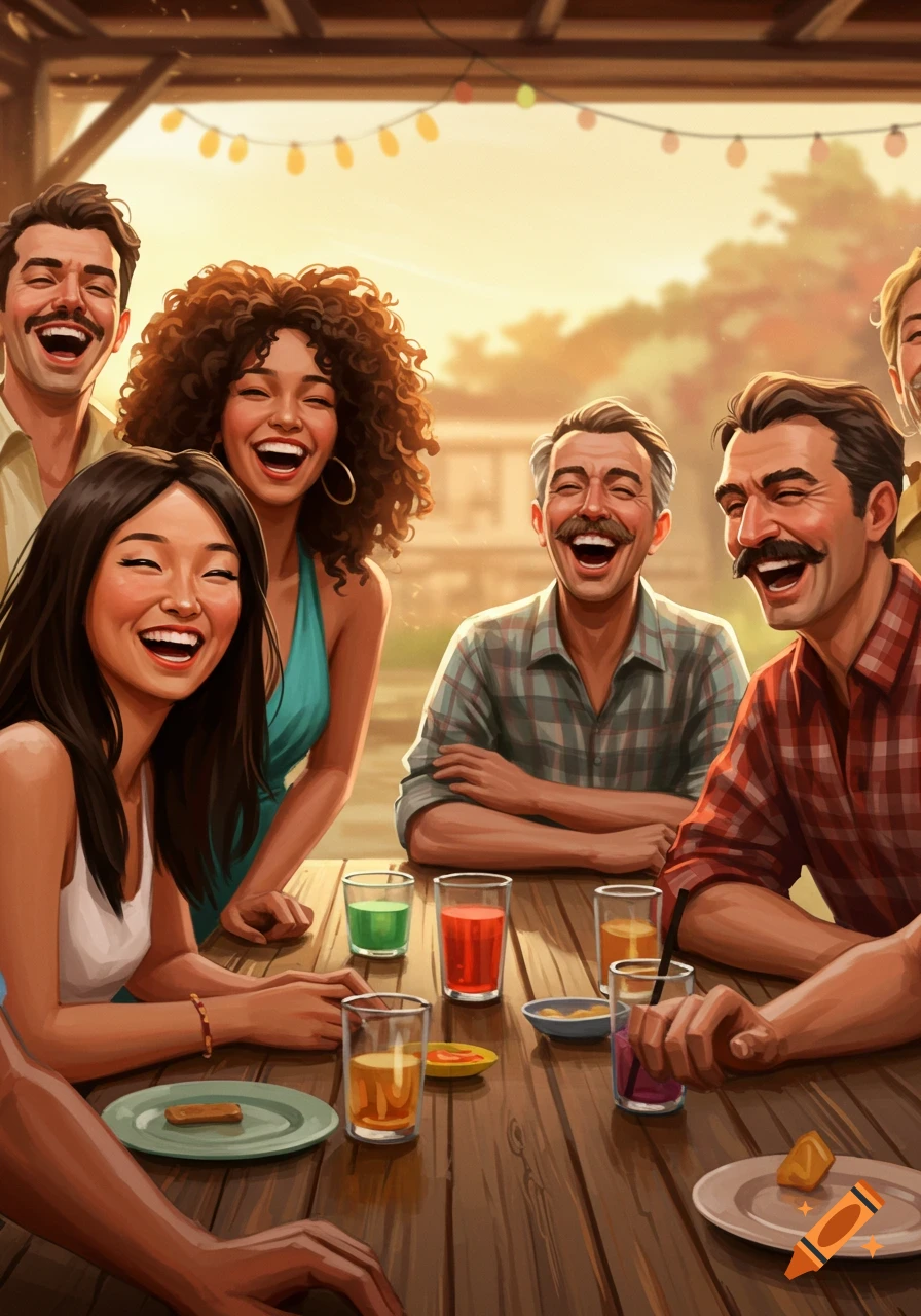 A group of diverse people laughing at a table with drinks.