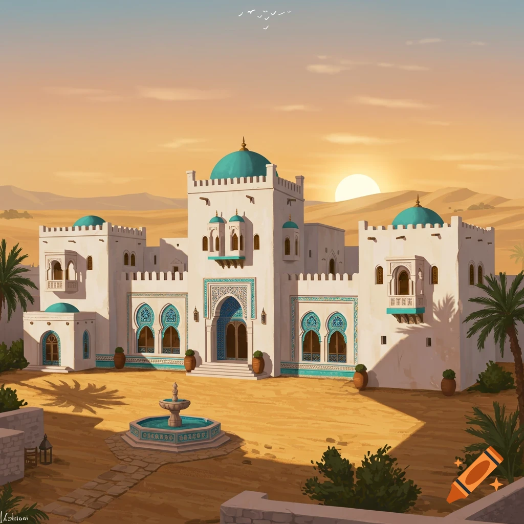 A large white villa with blue domes and arches stands in a desert landscape at sunset.