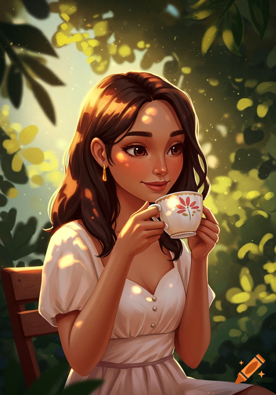 A woman drinks tea in a sunlit garden