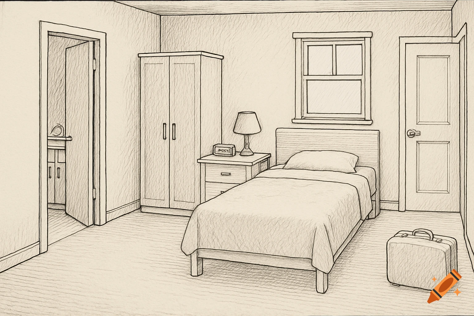 Sketch of a simple bedroom with a bed, nightstand, window, wardrobe, and suitcase.