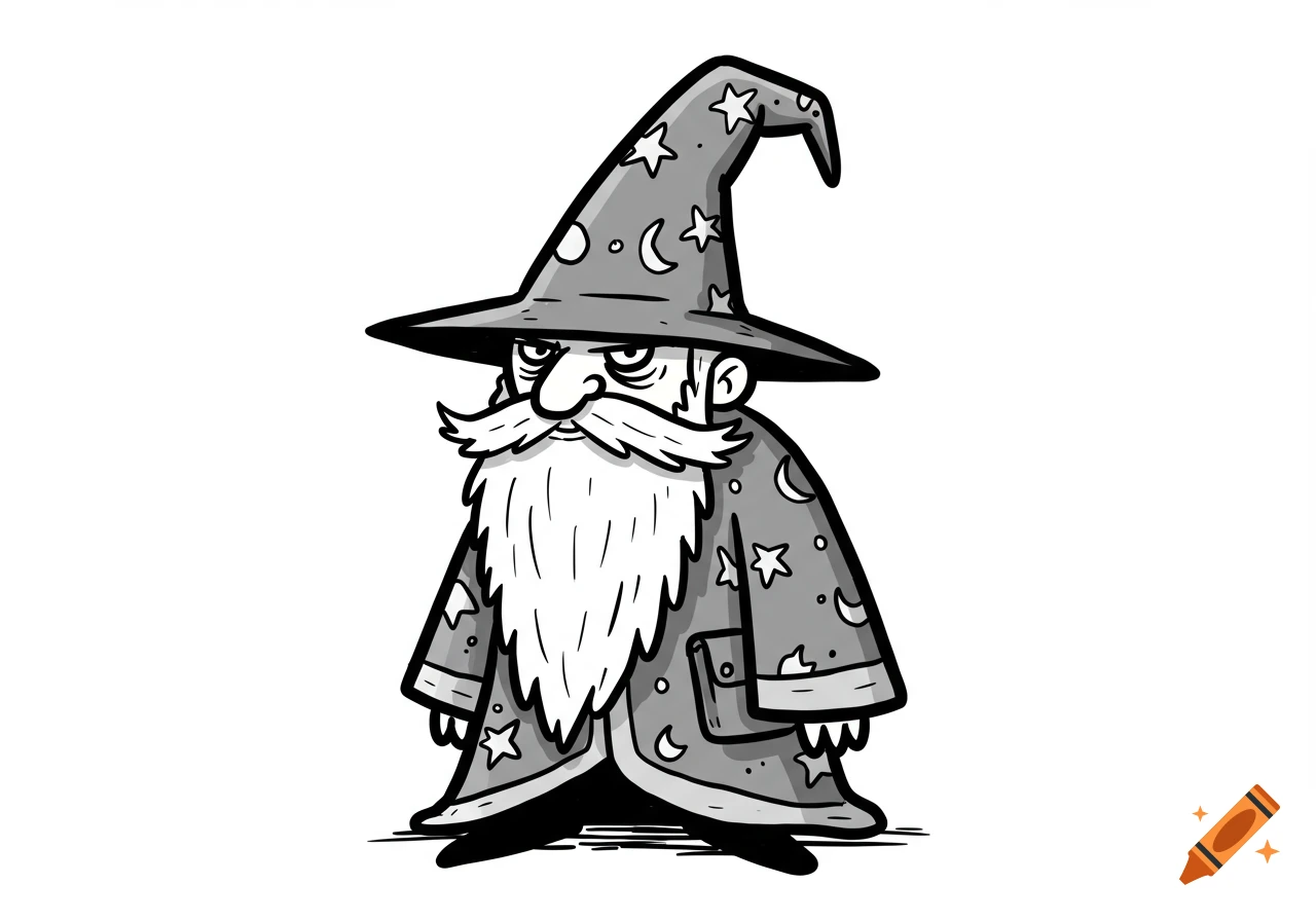 A grayscale cartoon illustration of a wizard with a long white beard, pointy hat, and robe decorated with stars and moons.