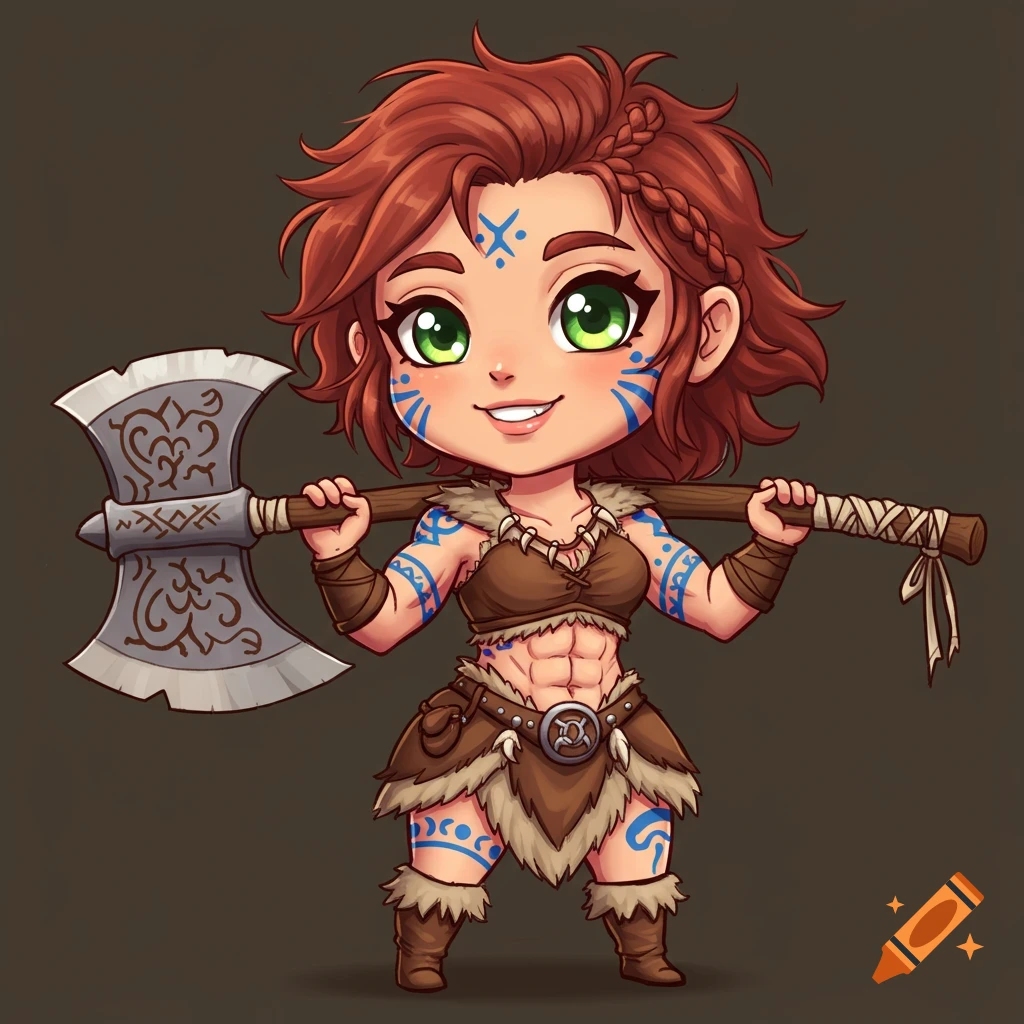 A cute chibi cartoon of a barbarian woman holding a large axe.