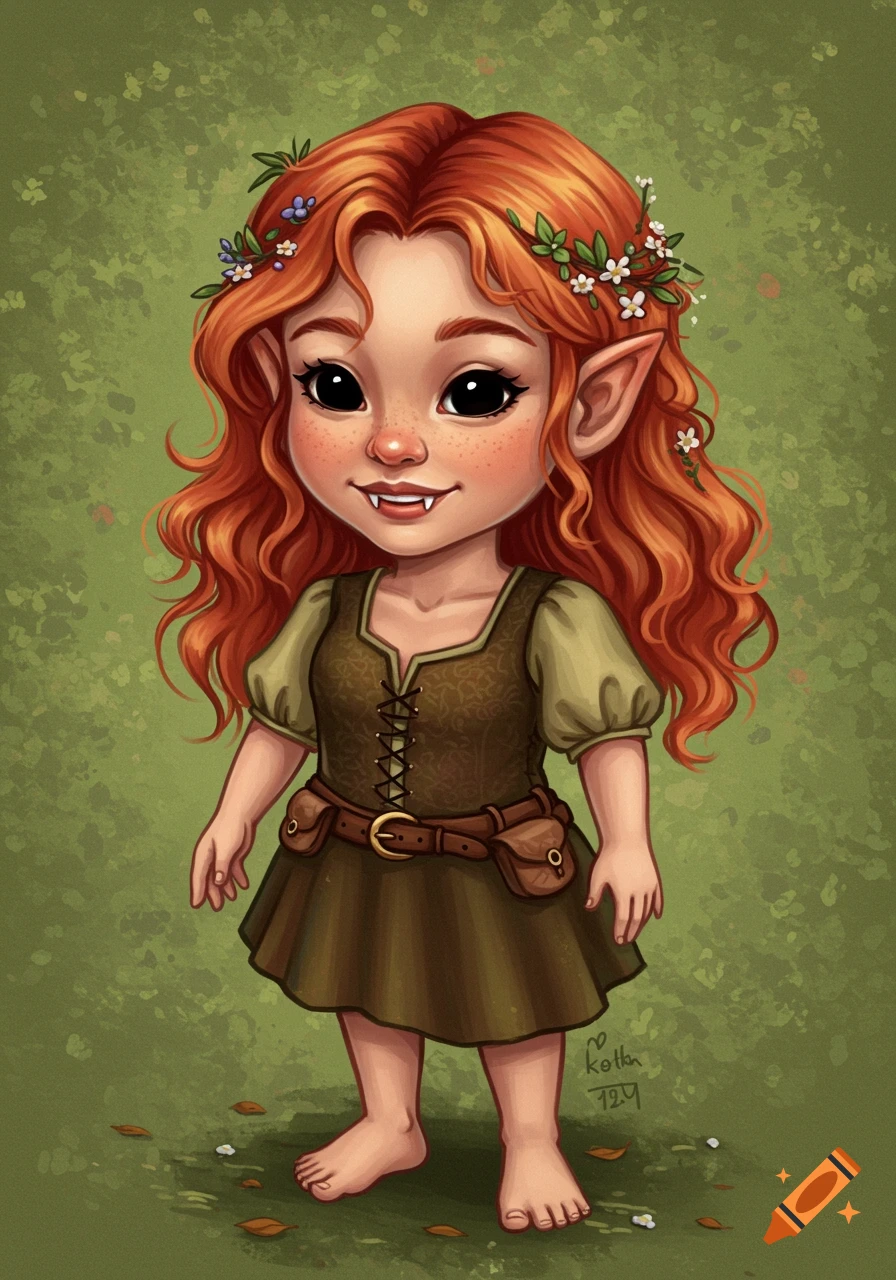 A cute fantasy creature with red hair, pointed ears, and small fangs, wearing a brown dress, standing barefoot on green ground.