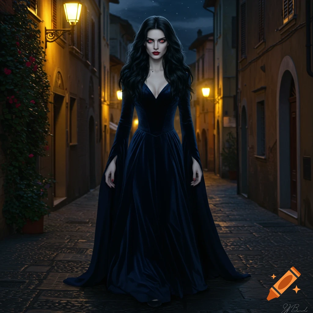 A vampire woman with dark hair and red eyes in a long dark dress, stands in a street at night.
