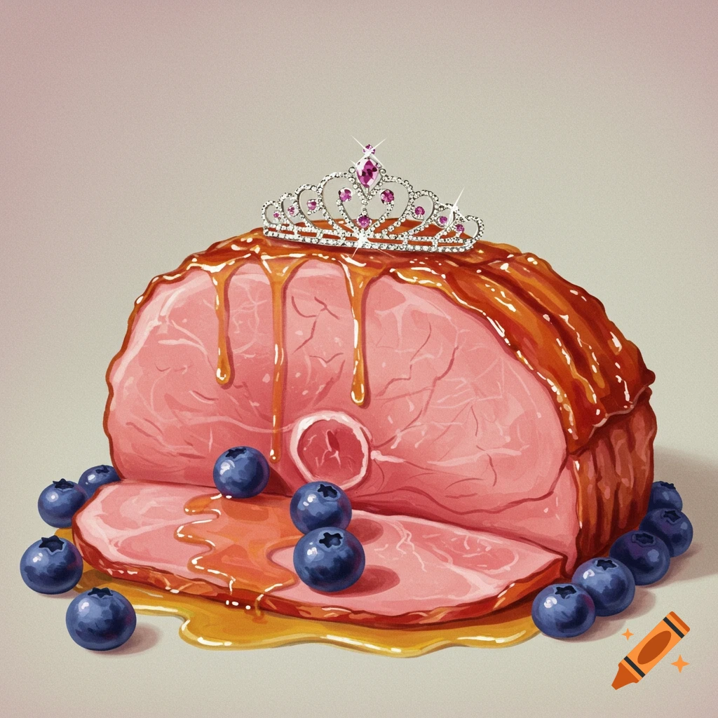 A glazed ham adorned with blueberries and a princess tiara.