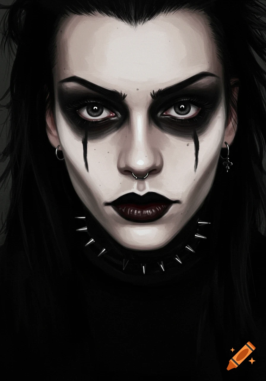 Close-up portrait of a person with gothic makeup, dark eyeshadow, black lips, piercings, and a spiked collar.