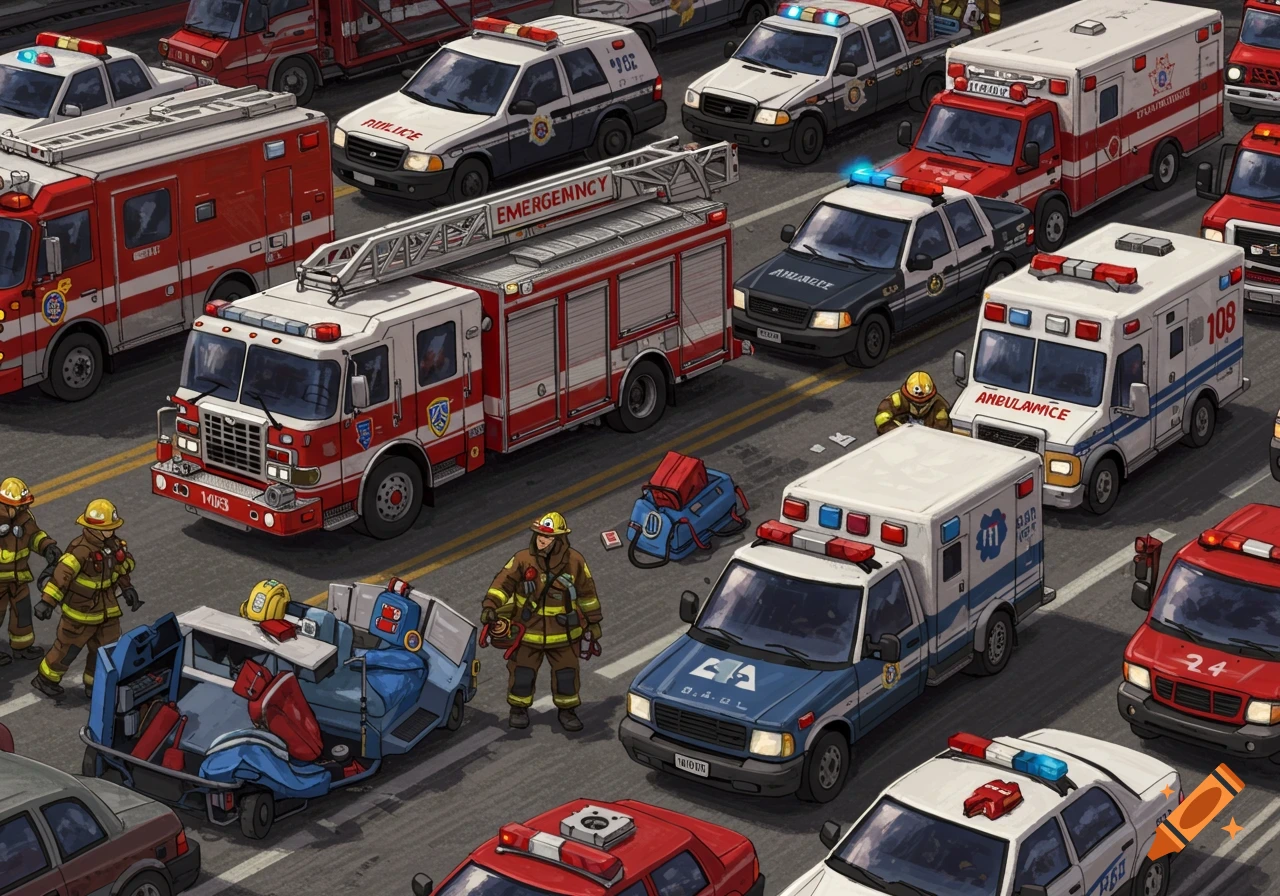 Emergency vehicles and firefighters are on a street