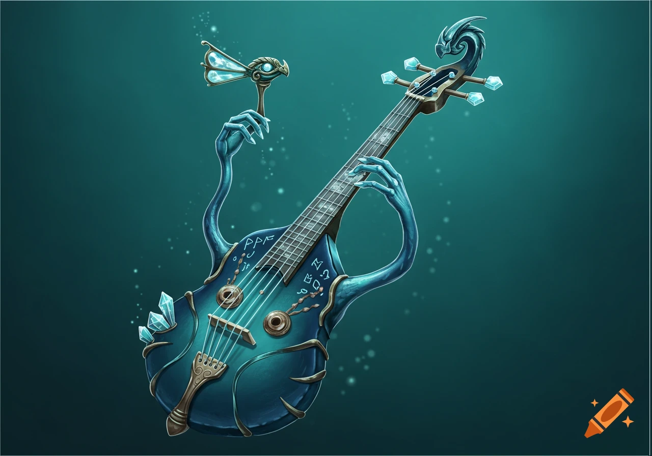 A fantasy instrument with arm-like appendages holding a bird creature.