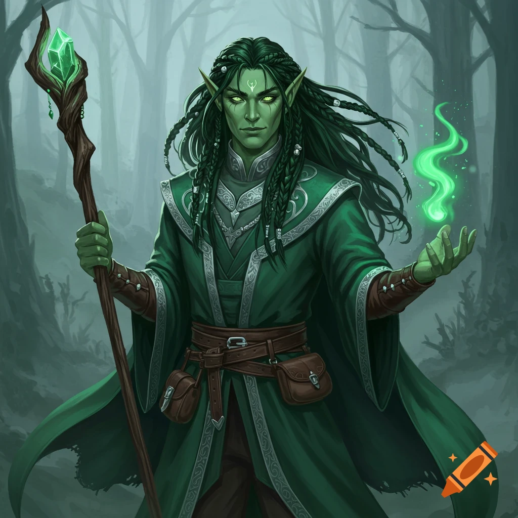 A green-skinned half-elf sorcerer in a green robe holds a staff and conjures green magic in a misty forest.