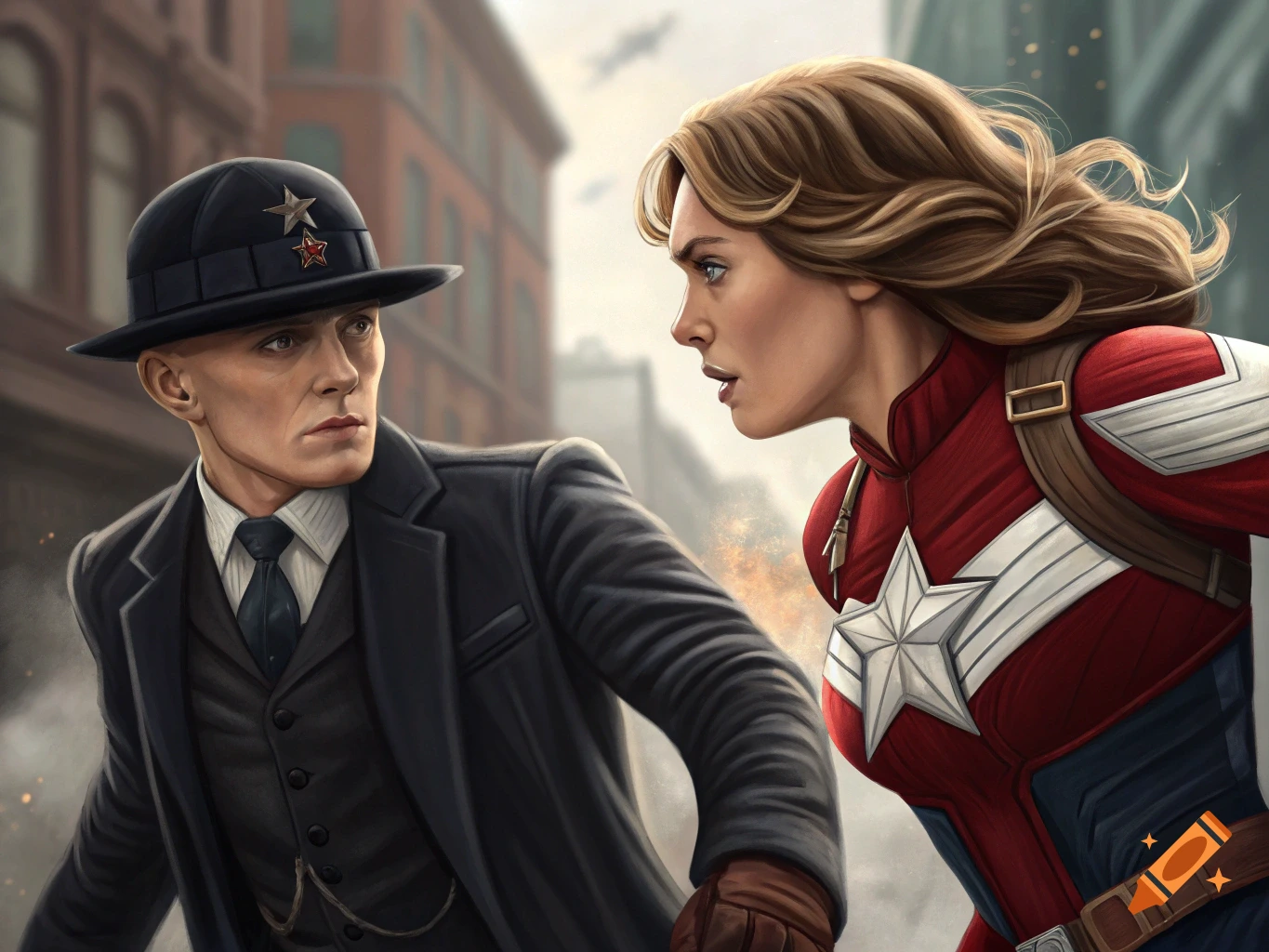Illustration of a man in a suit and hat facing a woman in a superhero costume.
