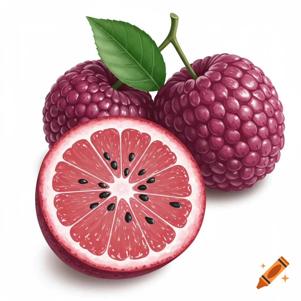 A sliced pink fruit with seeds and two dark pink berries is on a white background.
