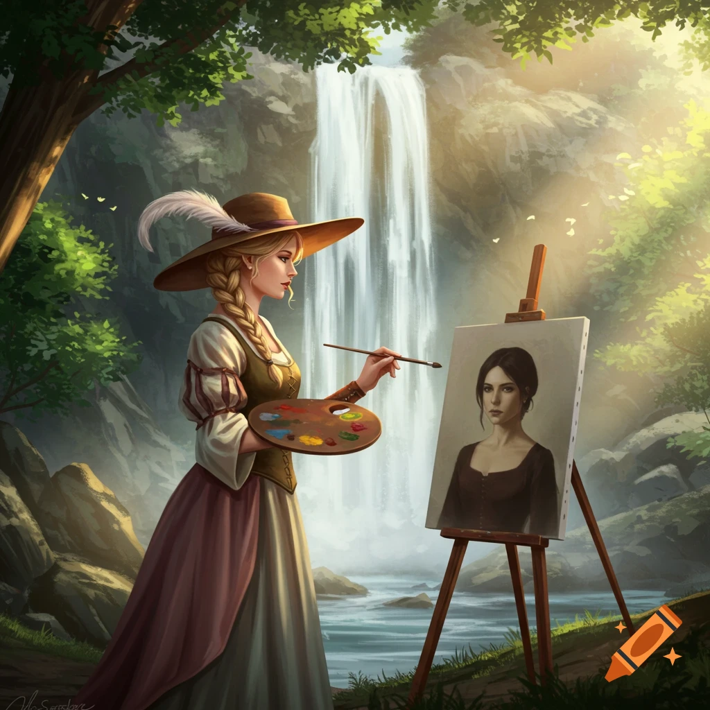Fantasy image of a renaissance woman painting a portrait by a waterfall.